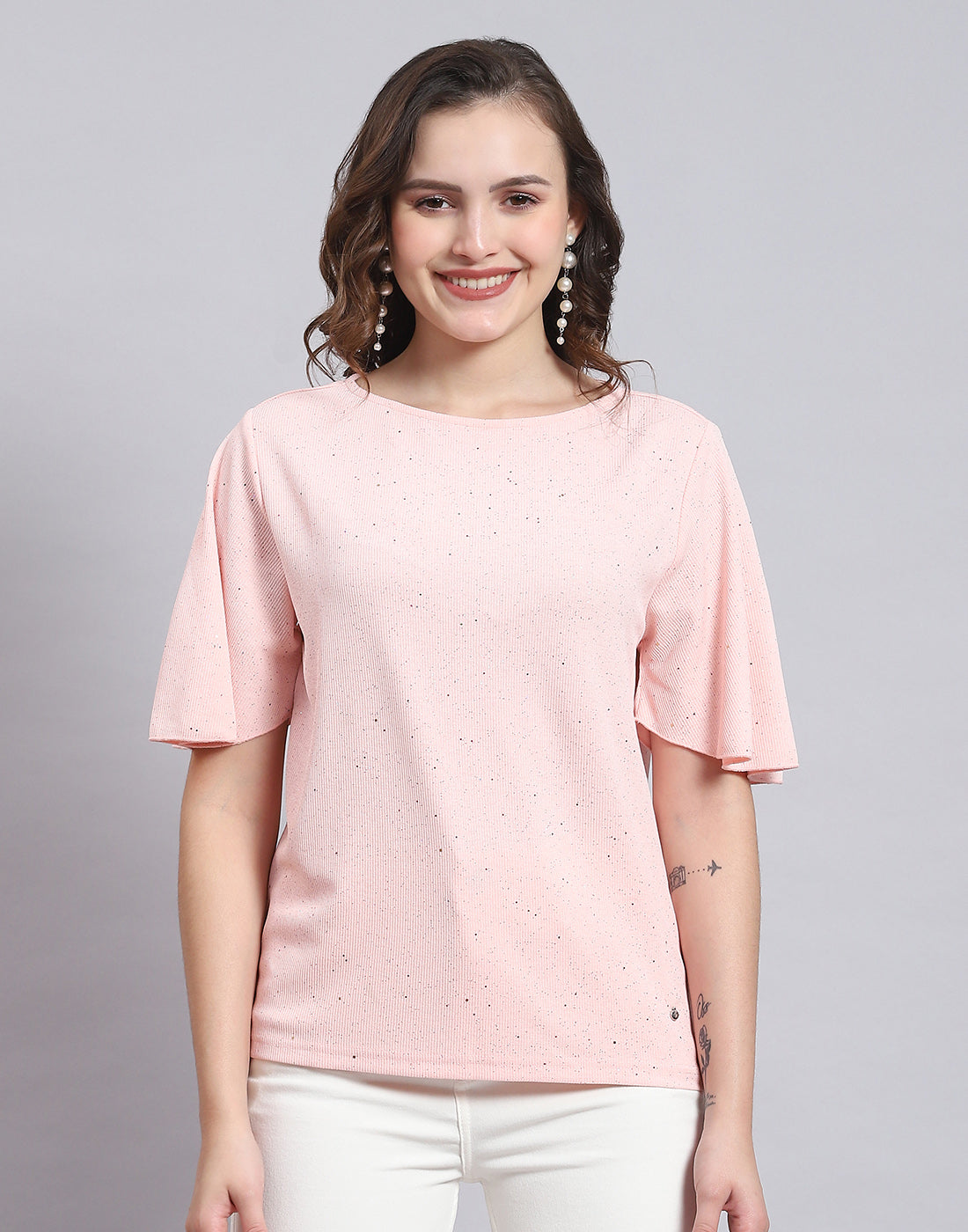 Women Pink Printed Round Neck Half Sleeve Top