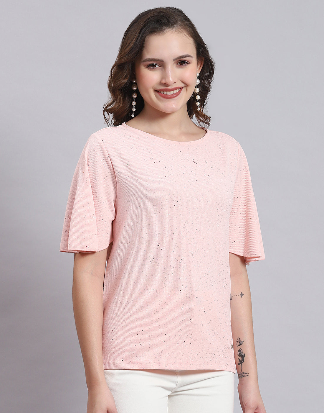 Women Pink Printed Round Neck Half Sleeve Top