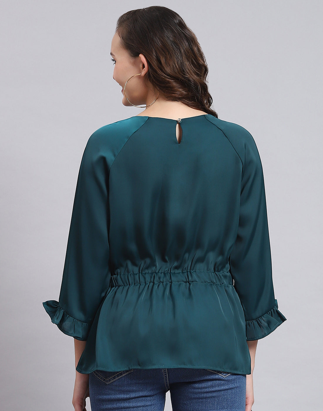 Women Teal Blue Solid Round Neck 3/4 Sleeve Top