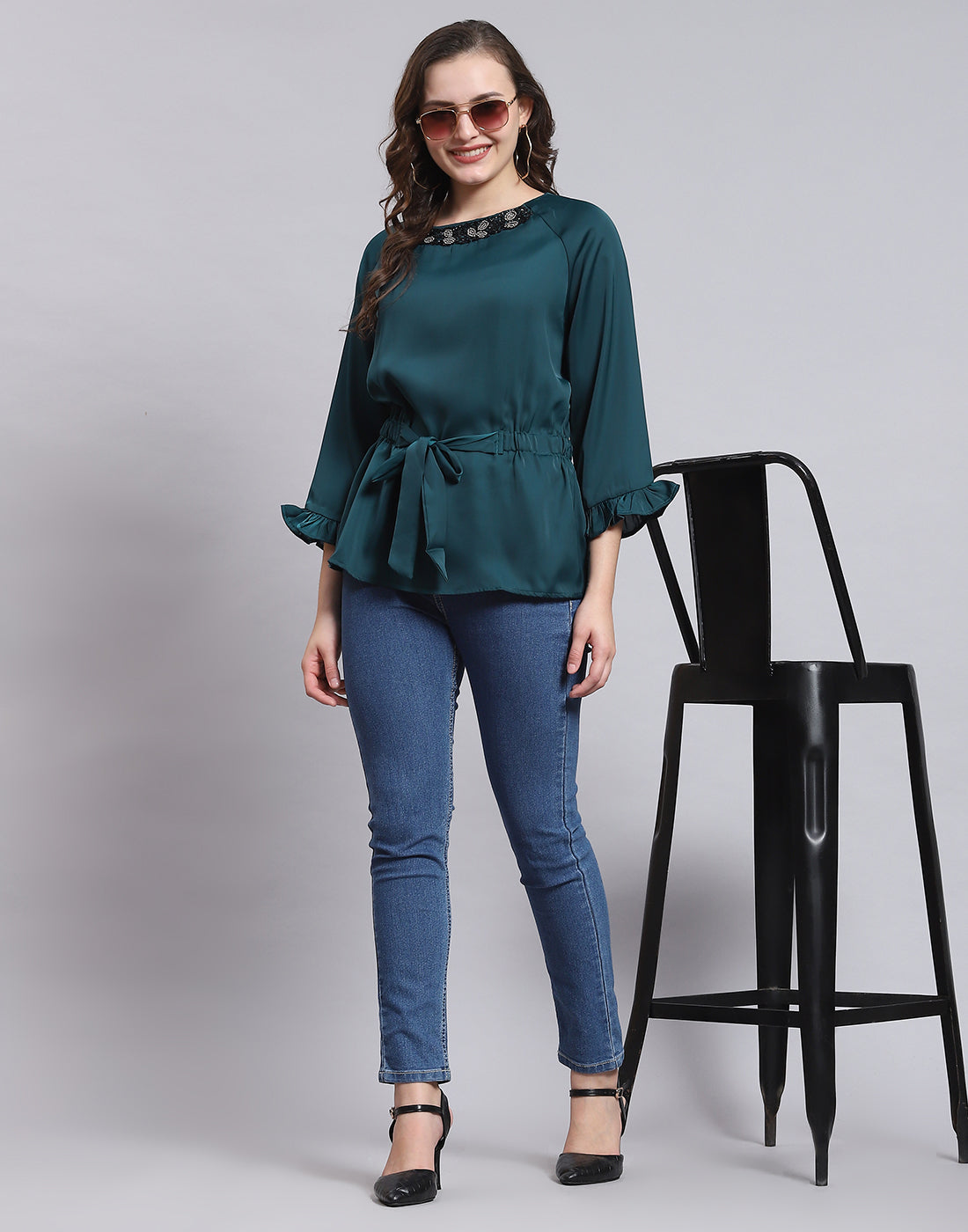 Women Teal Blue Solid Round Neck 3/4 Sleeve Top