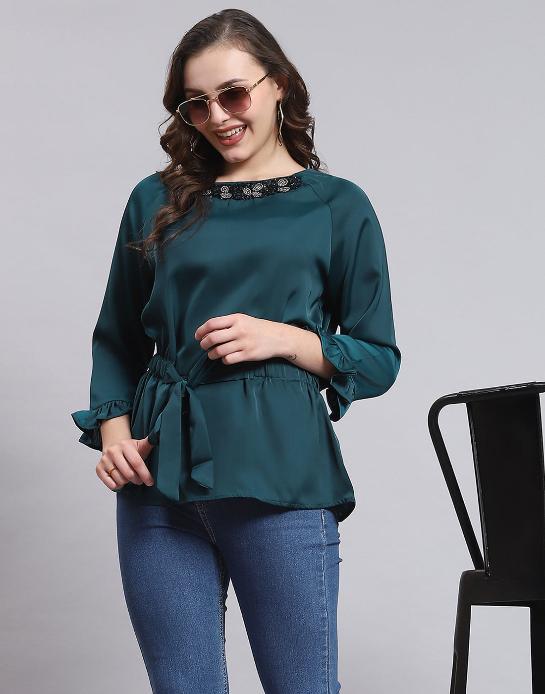 Women Teal Blue Solid Round Neck 3/4 Sleeve Top