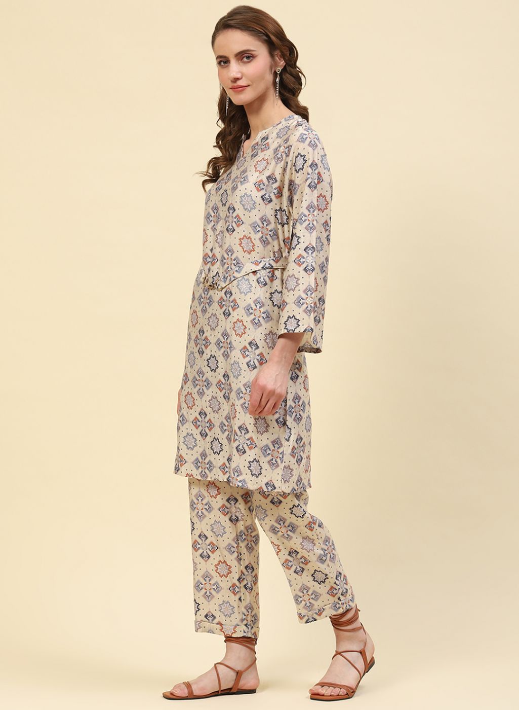 Women Cream Printed CoordiNAte Set