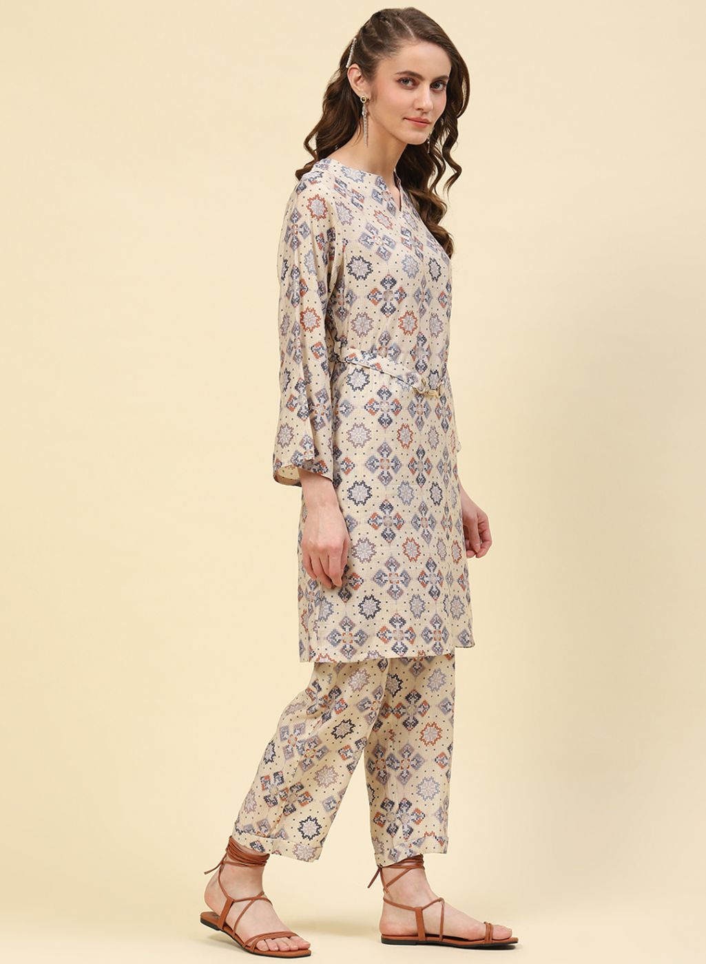 Women Cream Printed CoordiNAte Set