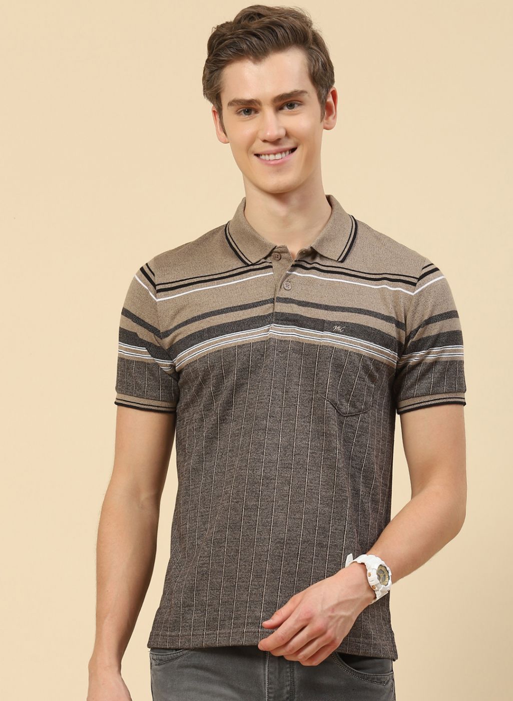 Men Khaki Stripe T-Shirt