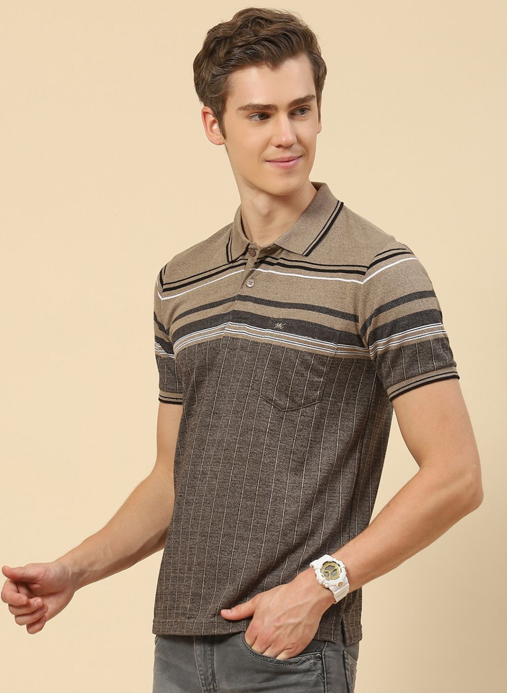 Men Khaki Stripe T-Shirt