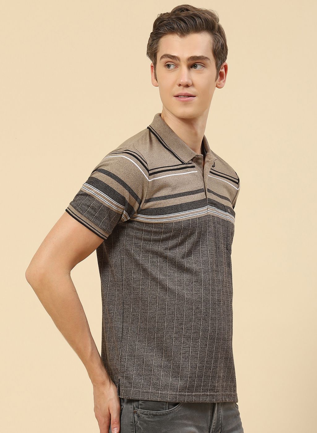 Men Khaki Stripe T-Shirt