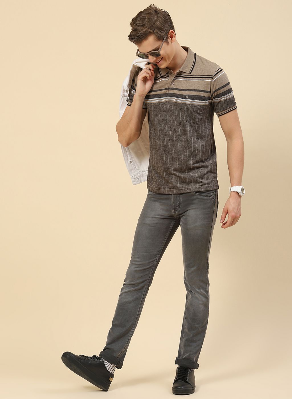 Men Khaki Stripe T-Shirt