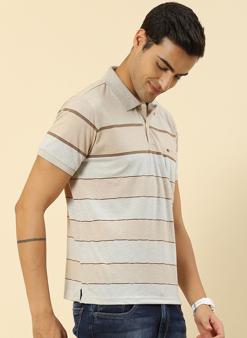 Men Beige Stripe T-Shirt