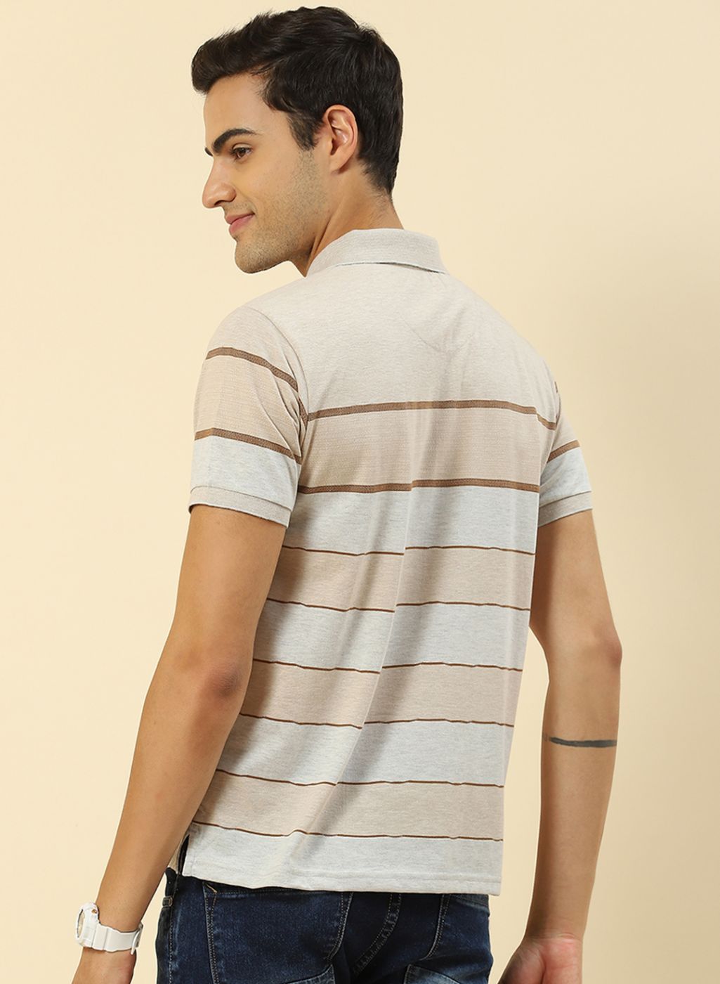 Men Beige Stripe T-Shirt