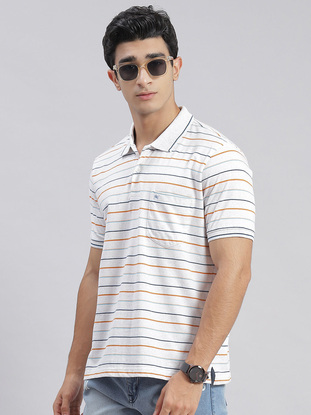 Men White Stripe Collar Half Sleeve T-Shirts