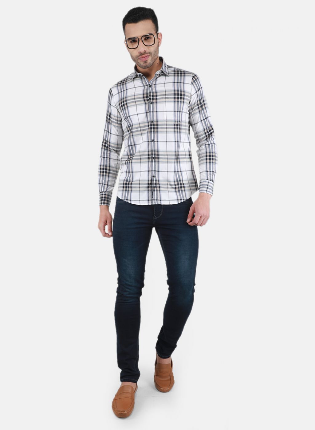 Men White Check Shirt