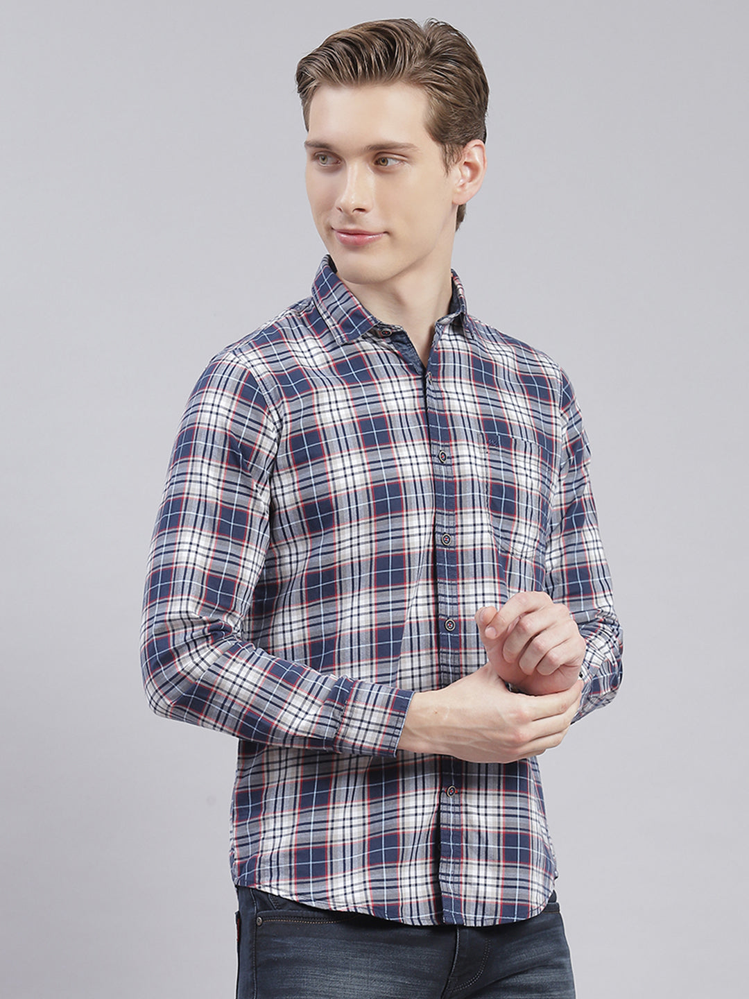 Men Blue Check Collar Full Sleeve Shirts