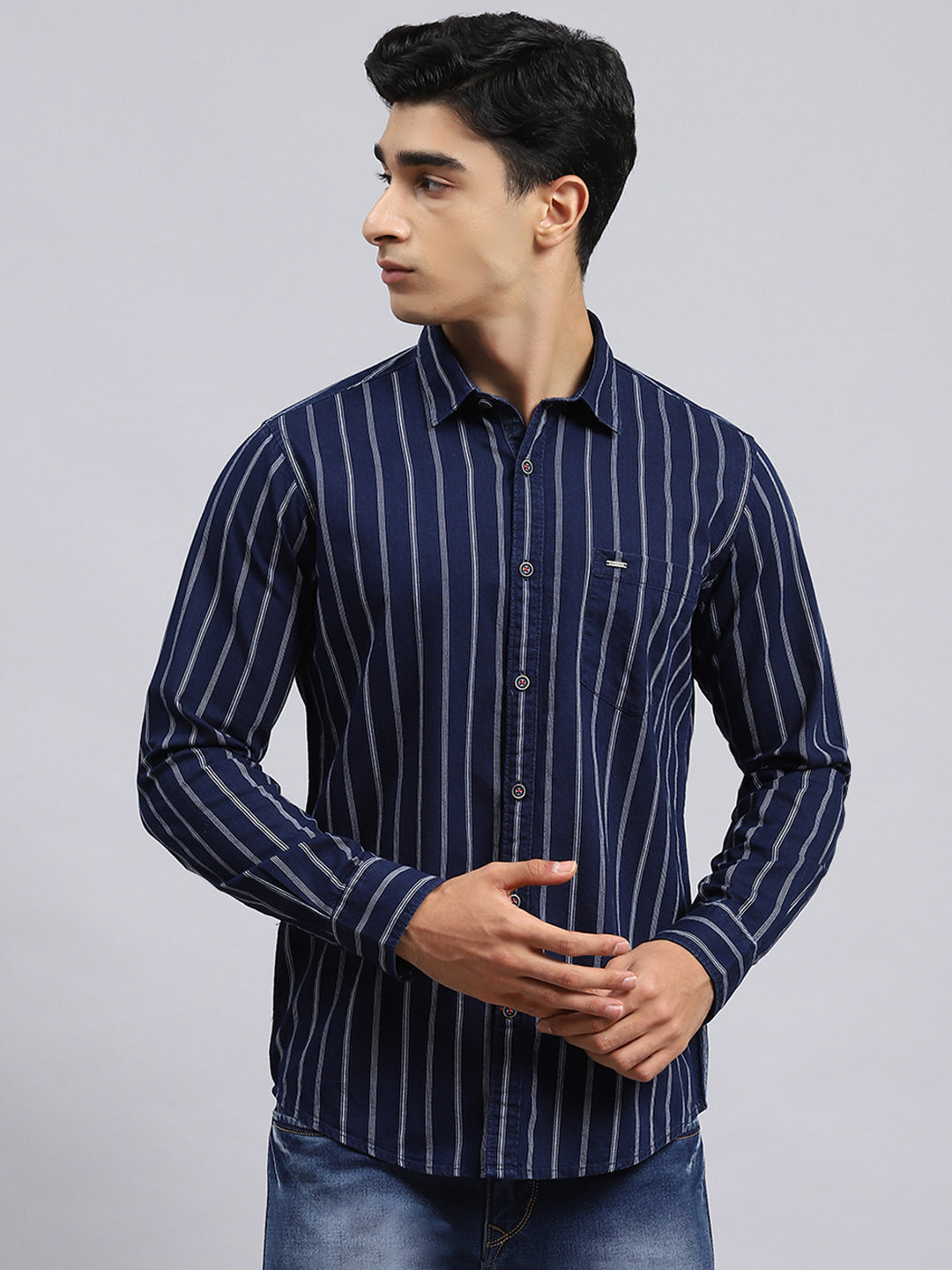 Men Navy Blue Stripe Shirt