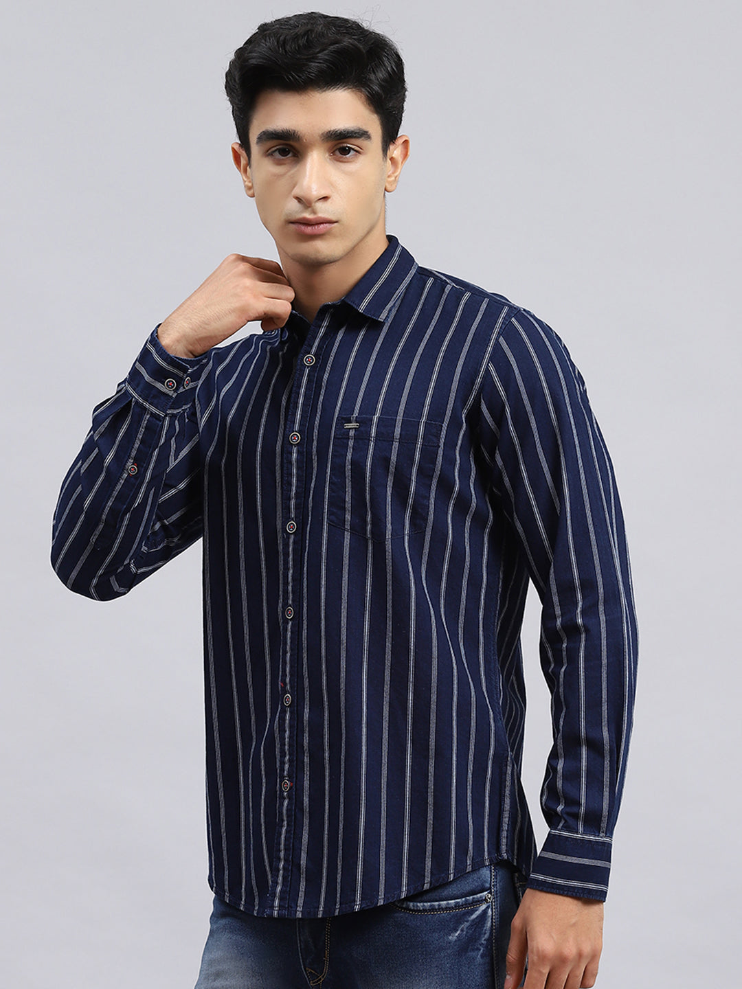 Men Navy Blue Stripe Shirt