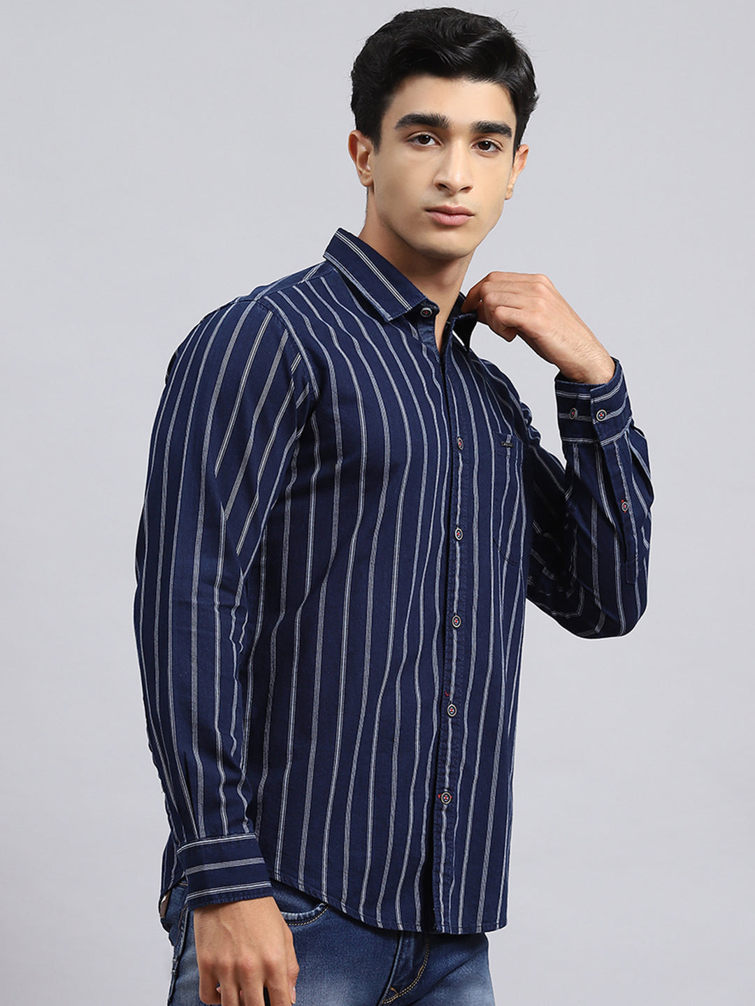 Men Navy Blue Stripe Shirt