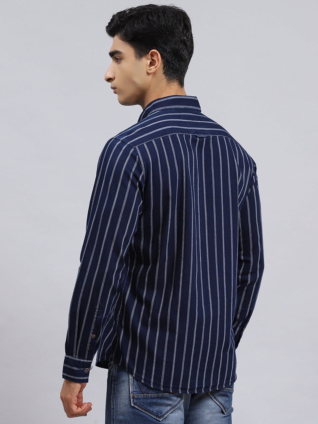 Men Navy Blue Stripe Shirt