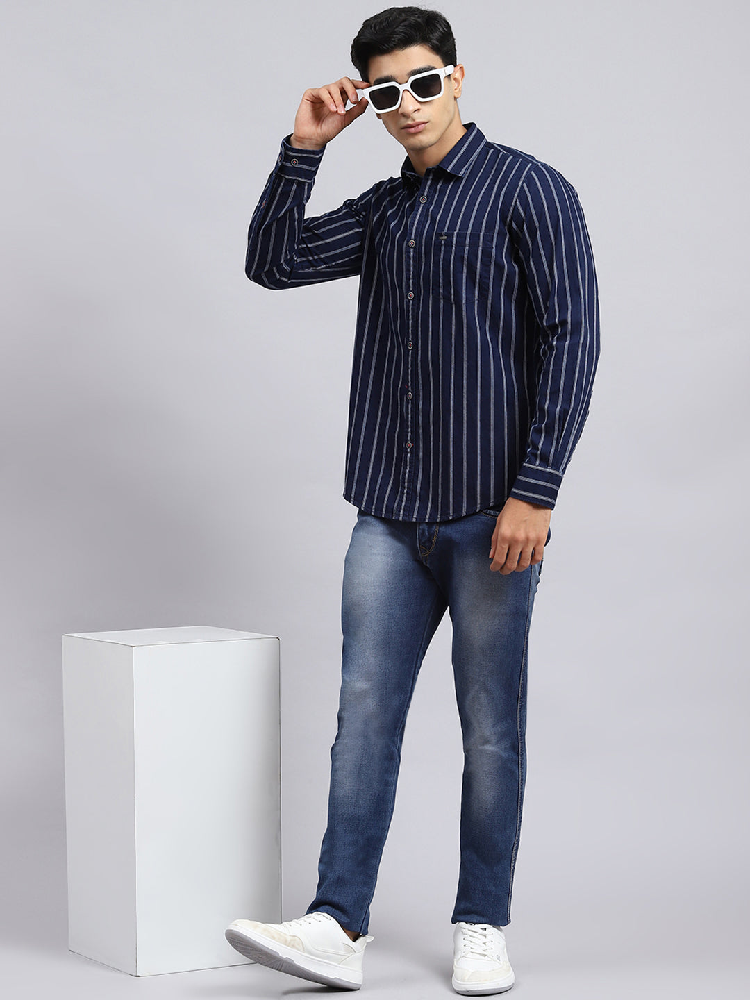 Men Navy Blue Stripe Shirt