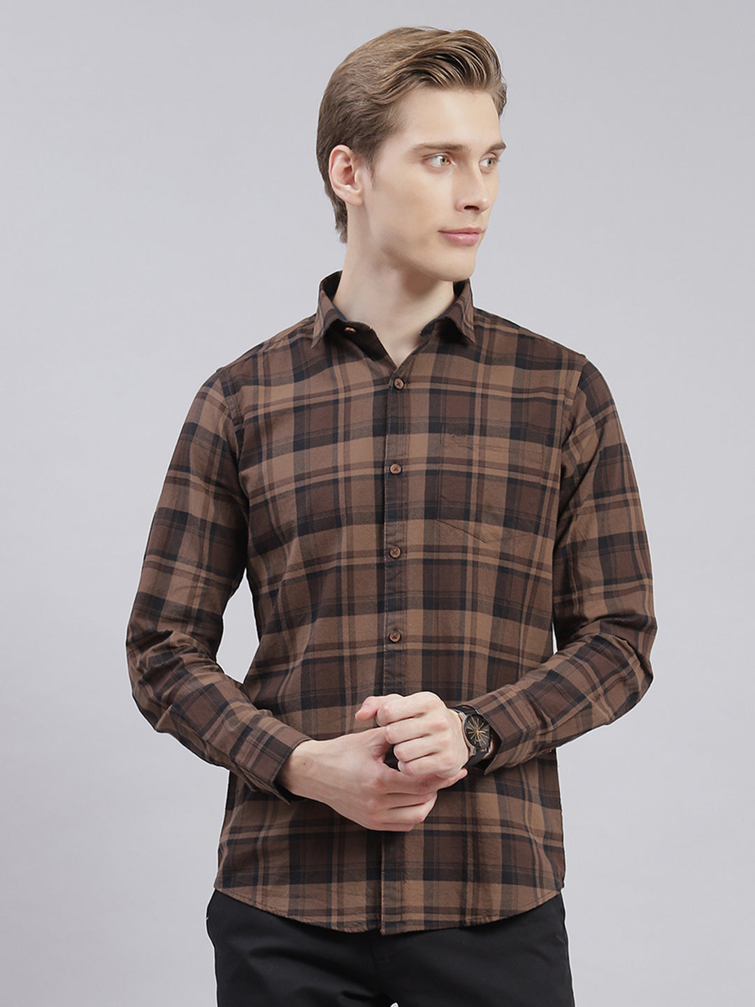 Men Brown Check Collar Full Sleeve Shirts