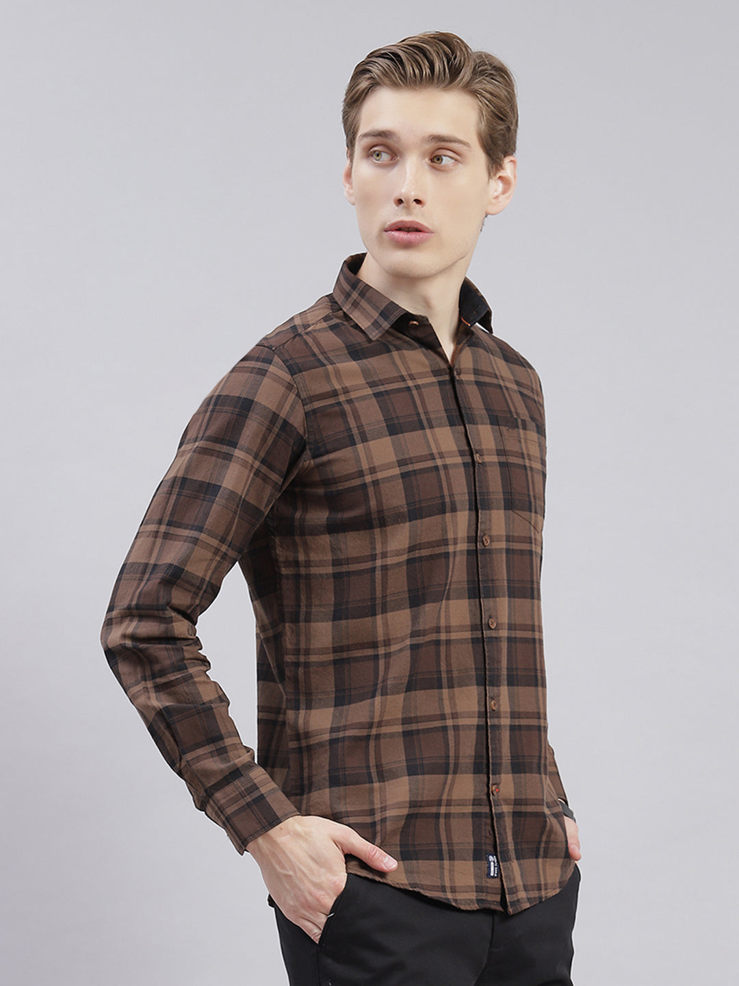 Men Brown Check Collar Full Sleeve Shirts