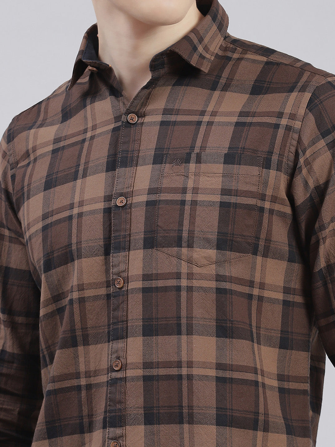 Men Brown Check Collar Full Sleeve Shirts