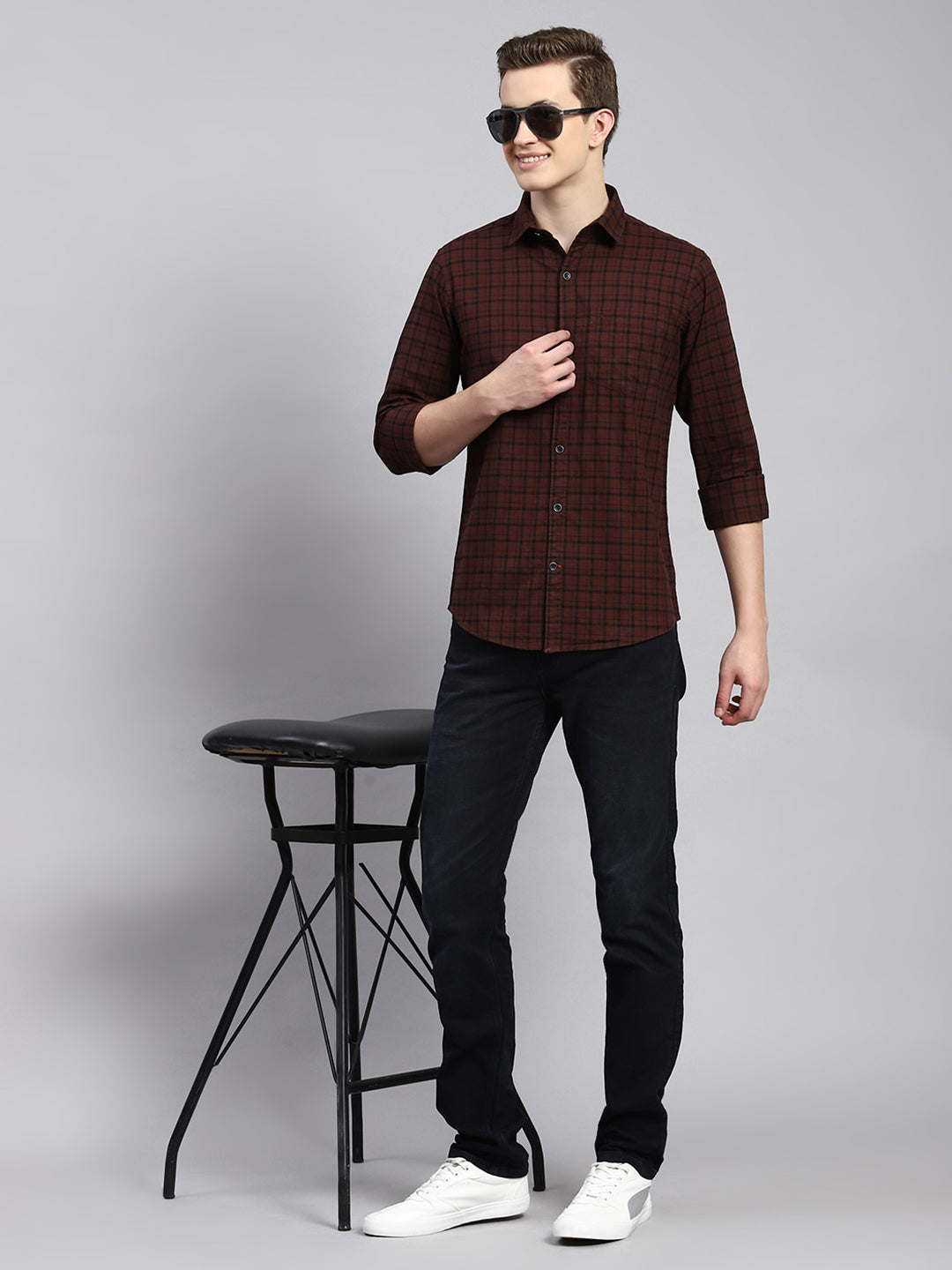 Men Maroon Check Shirt