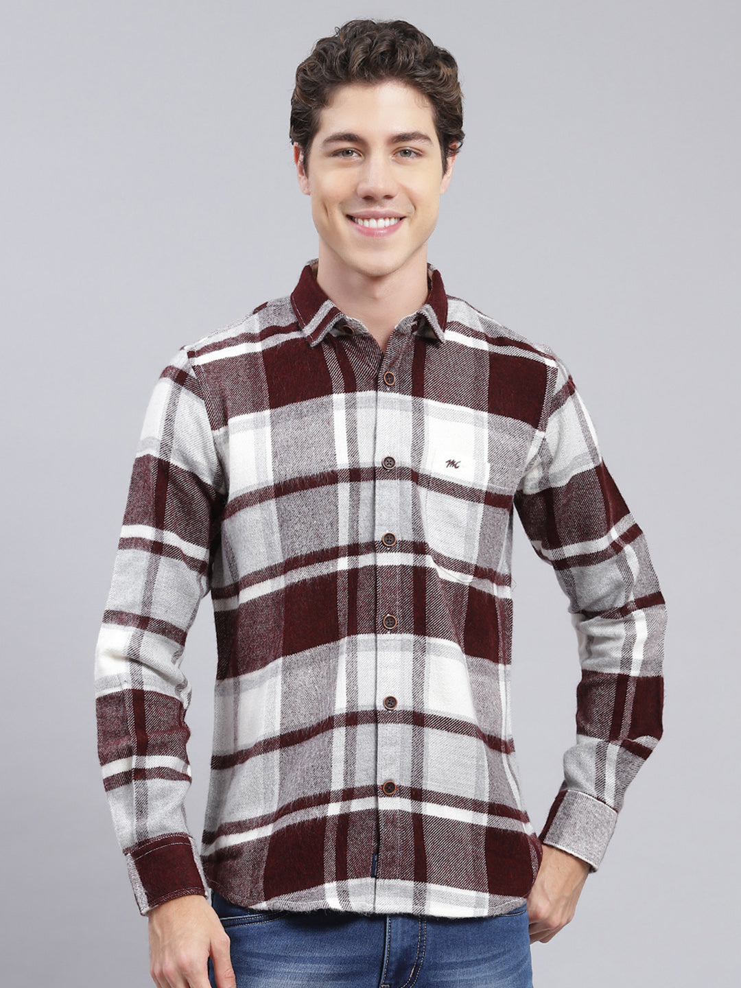 Men Maroon Check Poly Acrylic Shirt