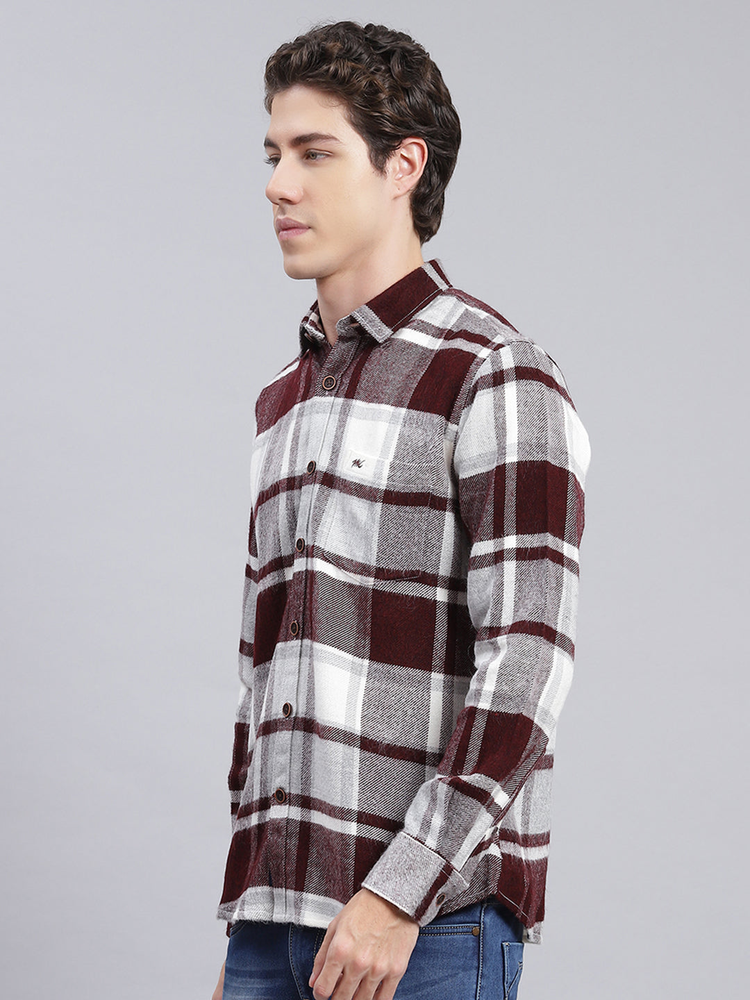 Men Maroon Check Poly Acrylic Shirt