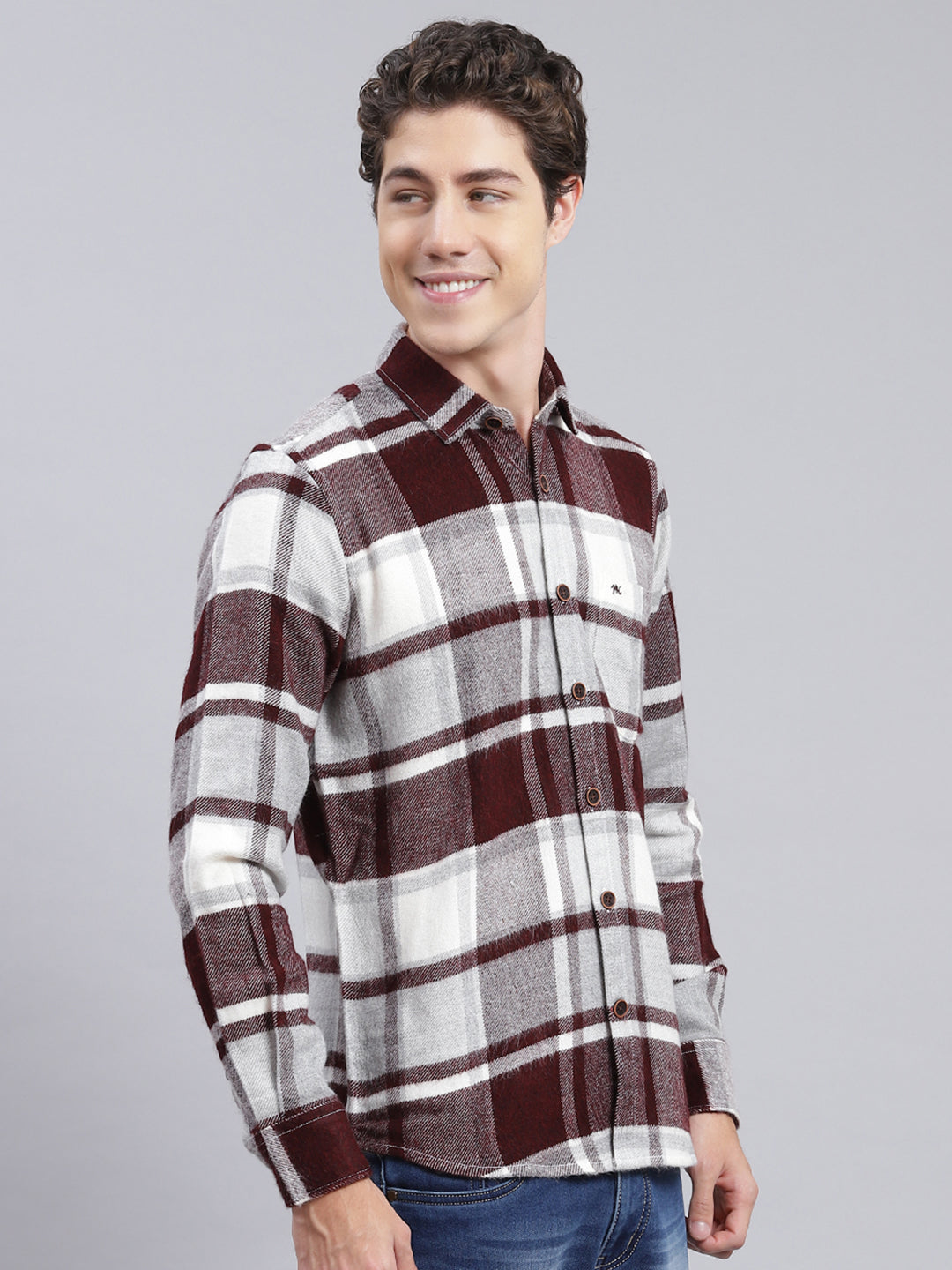 Men Maroon Check Poly Acrylic Shirt