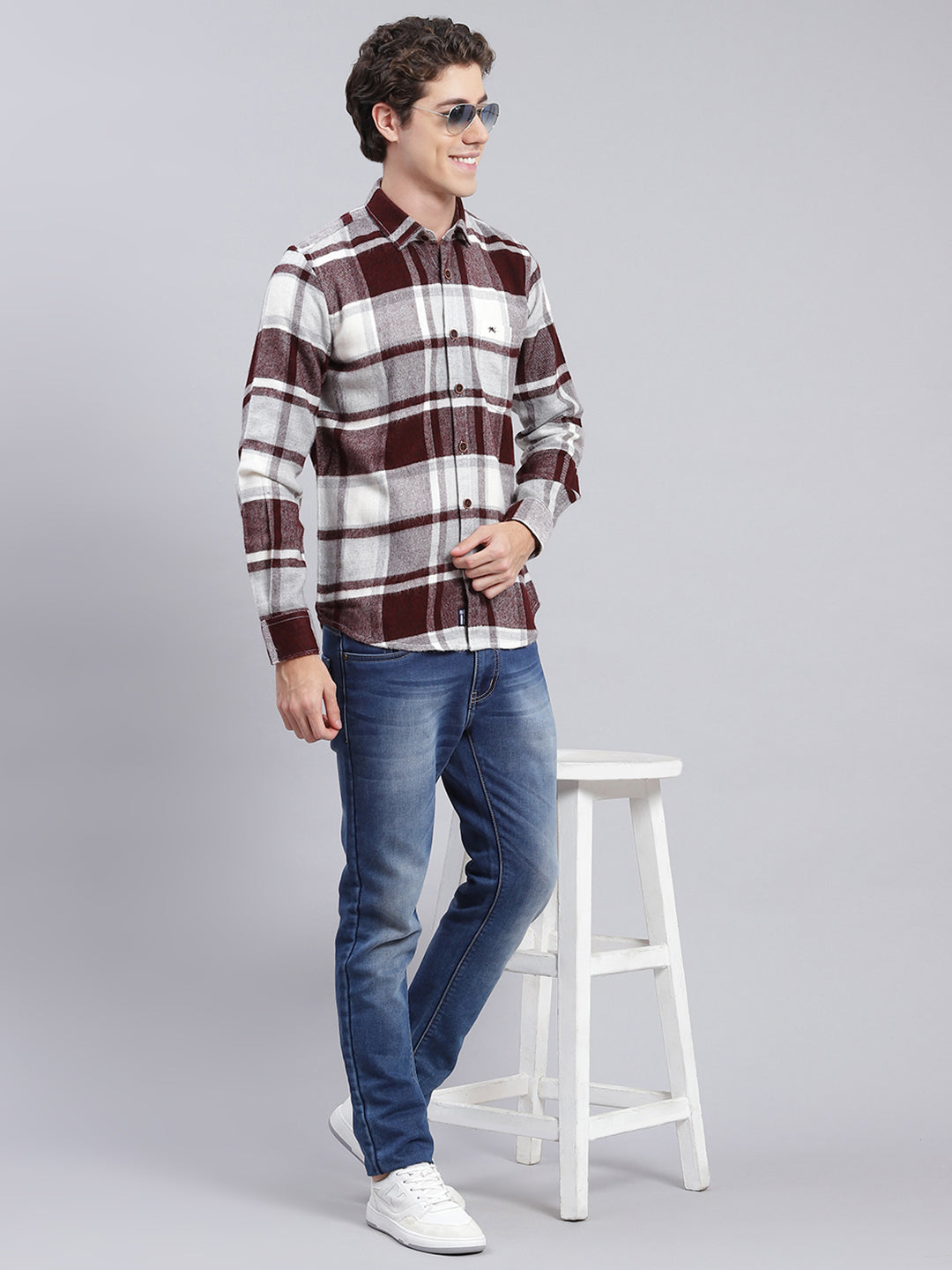 Men Maroon Check Poly Acrylic Shirt