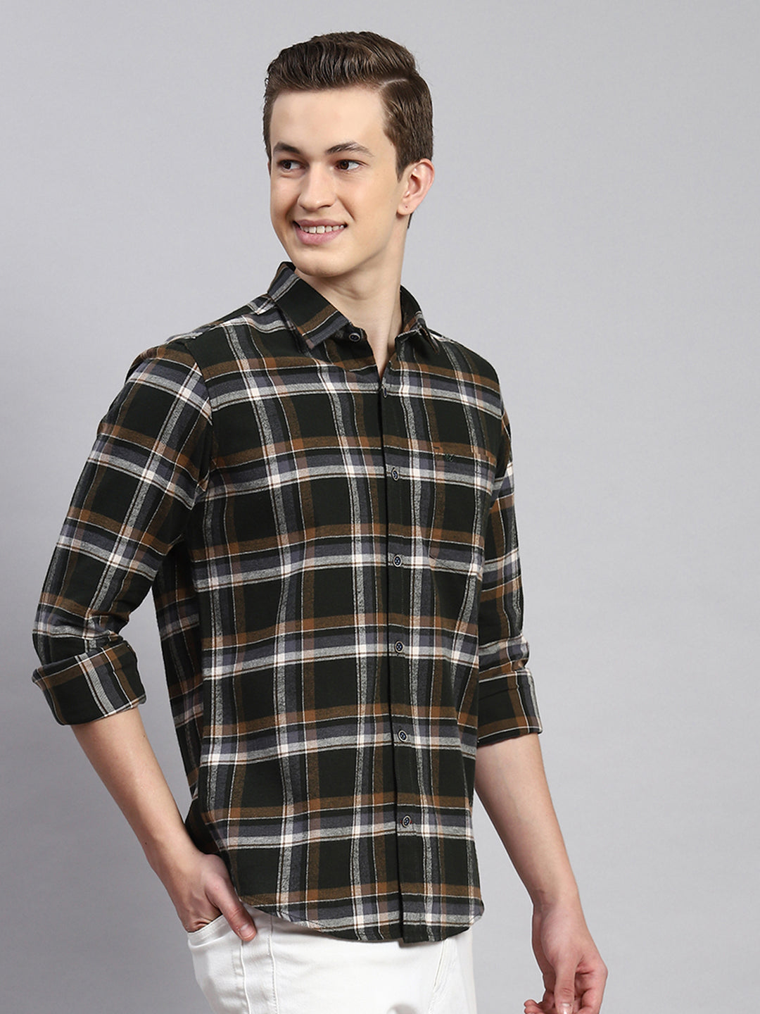 Men Olive Check Shirt