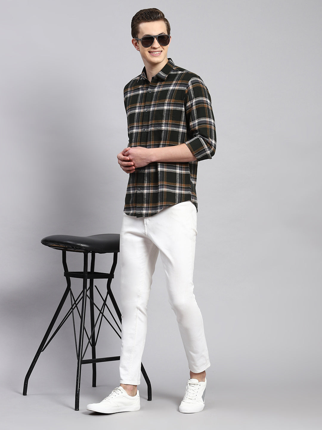 Men Olive Check Shirt