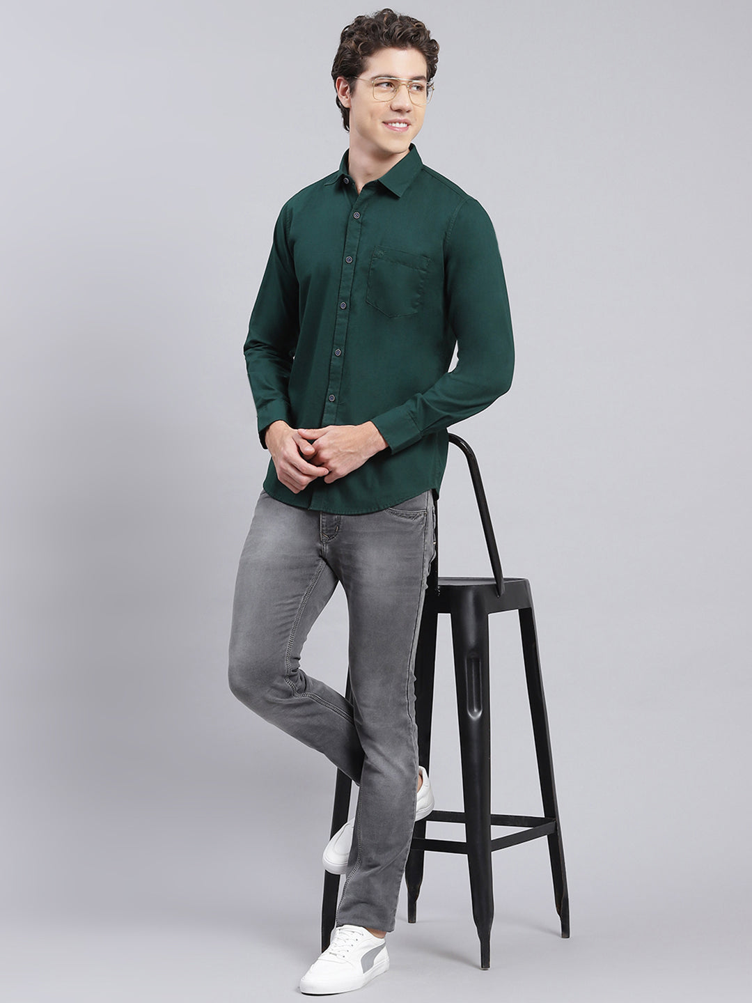 Men Olive Solid Pure Cotton Shirt