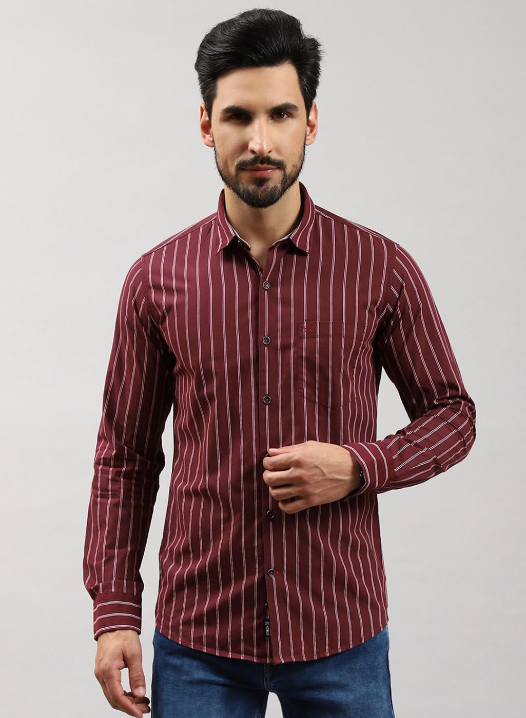 Men Maroon Stripe Pure Cotton Shirt