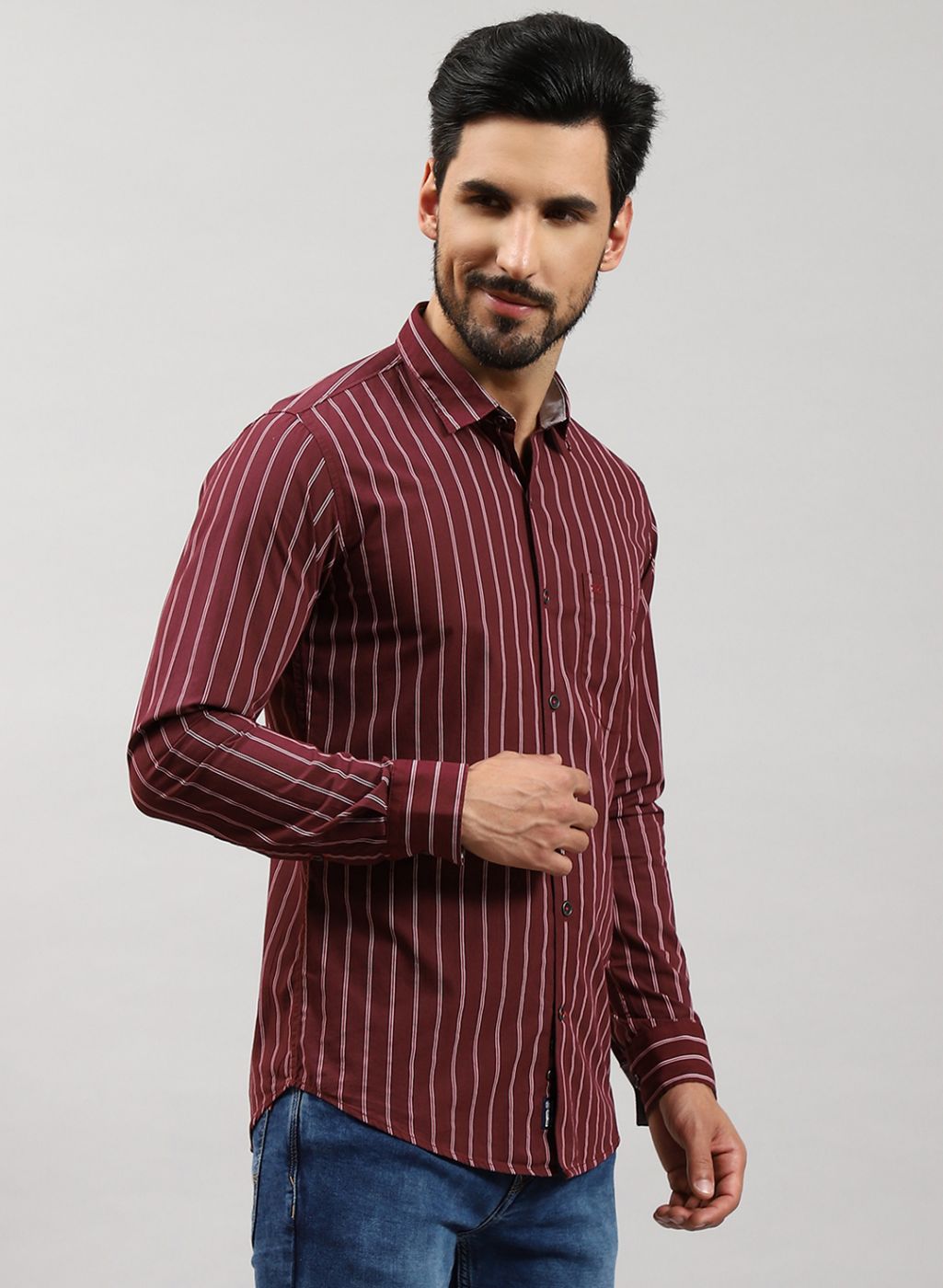 Men Maroon Stripe Pure Cotton Shirt