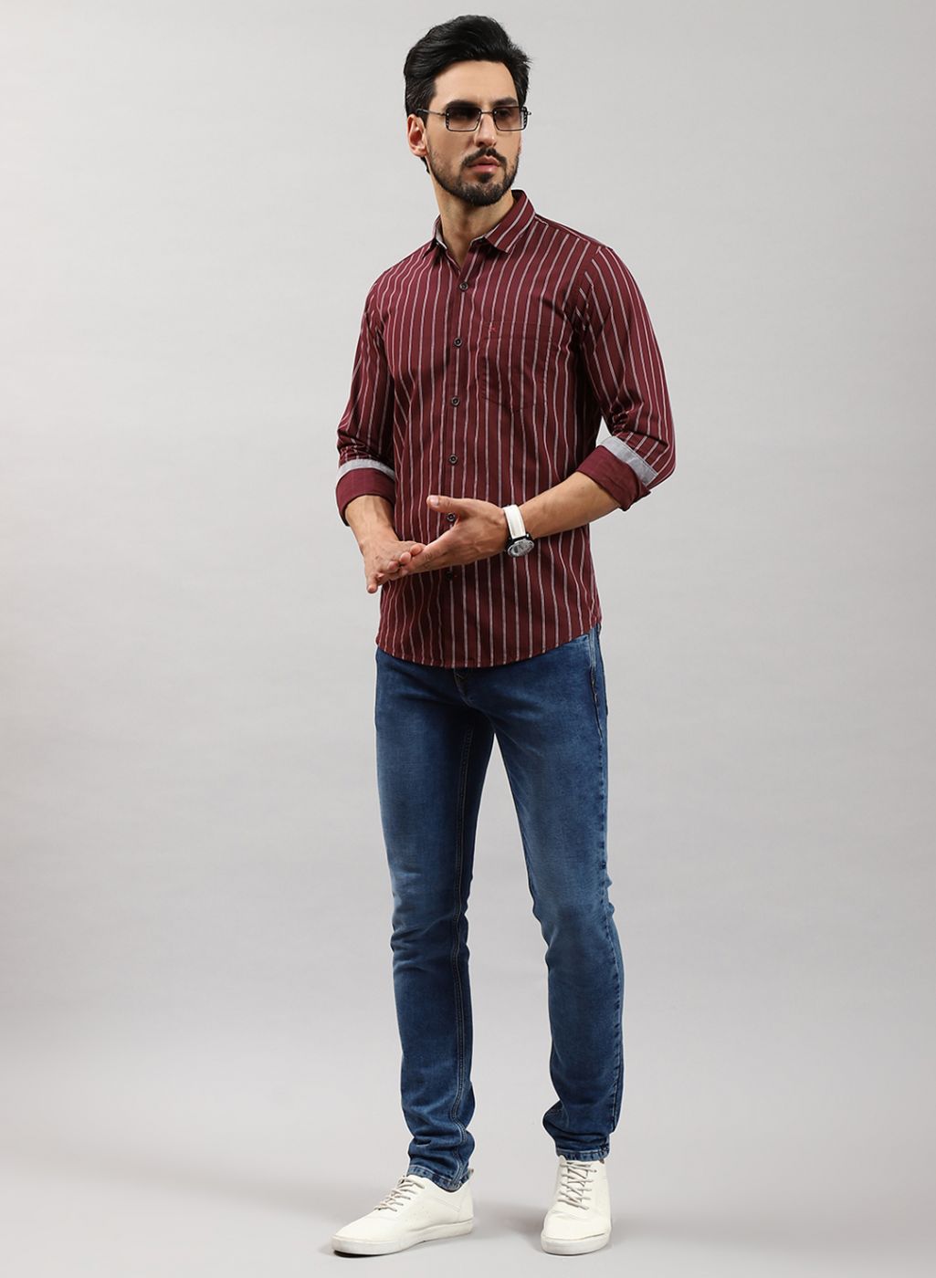 Men Maroon Stripe Pure Cotton Shirt