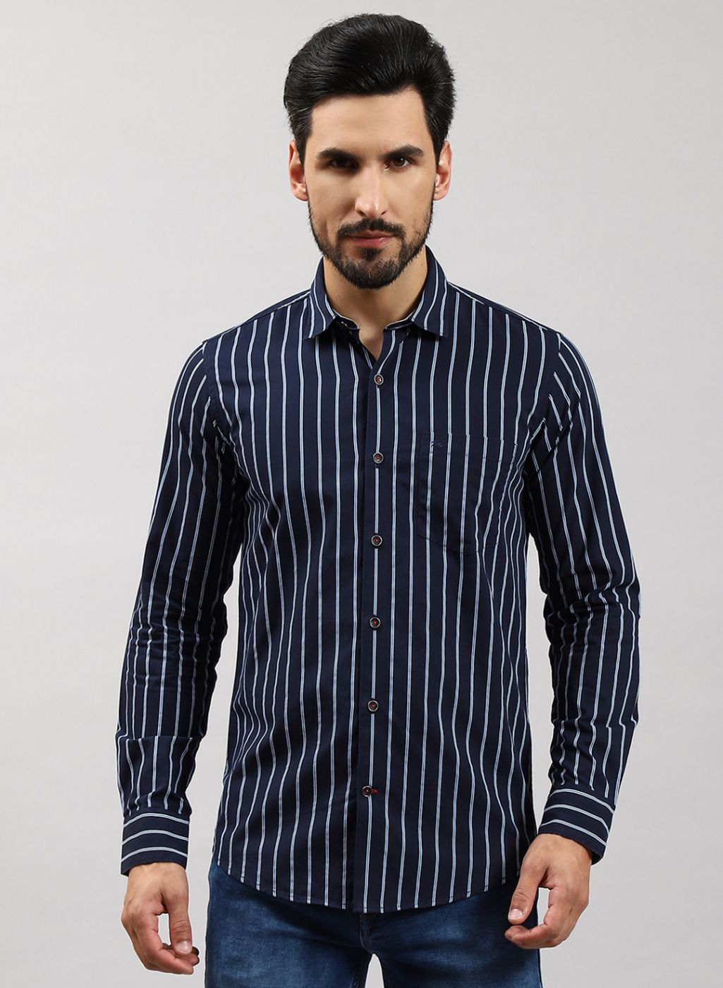 Men NAvy Blue Stripe Pure Cotton Shirt