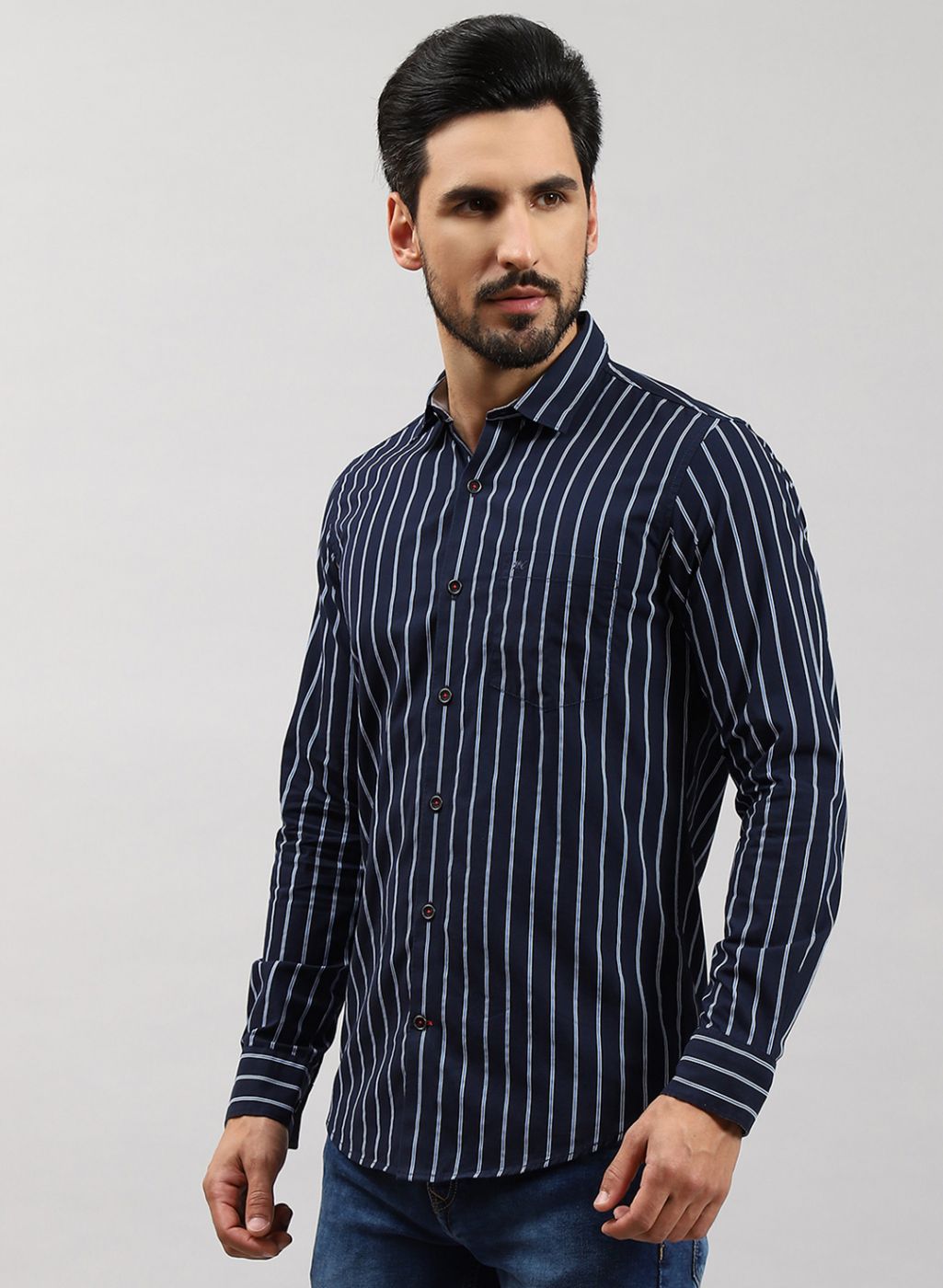 Men NAvy Blue Stripe Pure Cotton Shirt