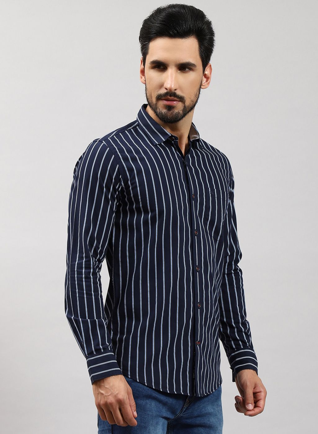 Men NAvy Blue Stripe Pure Cotton Shirt