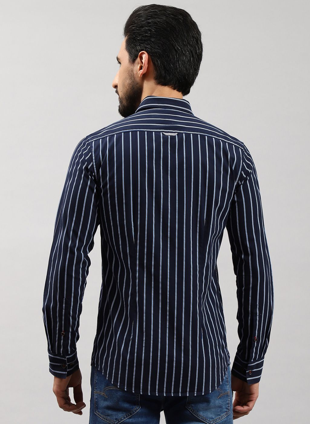 Men NAvy Blue Stripe Pure Cotton Shirt