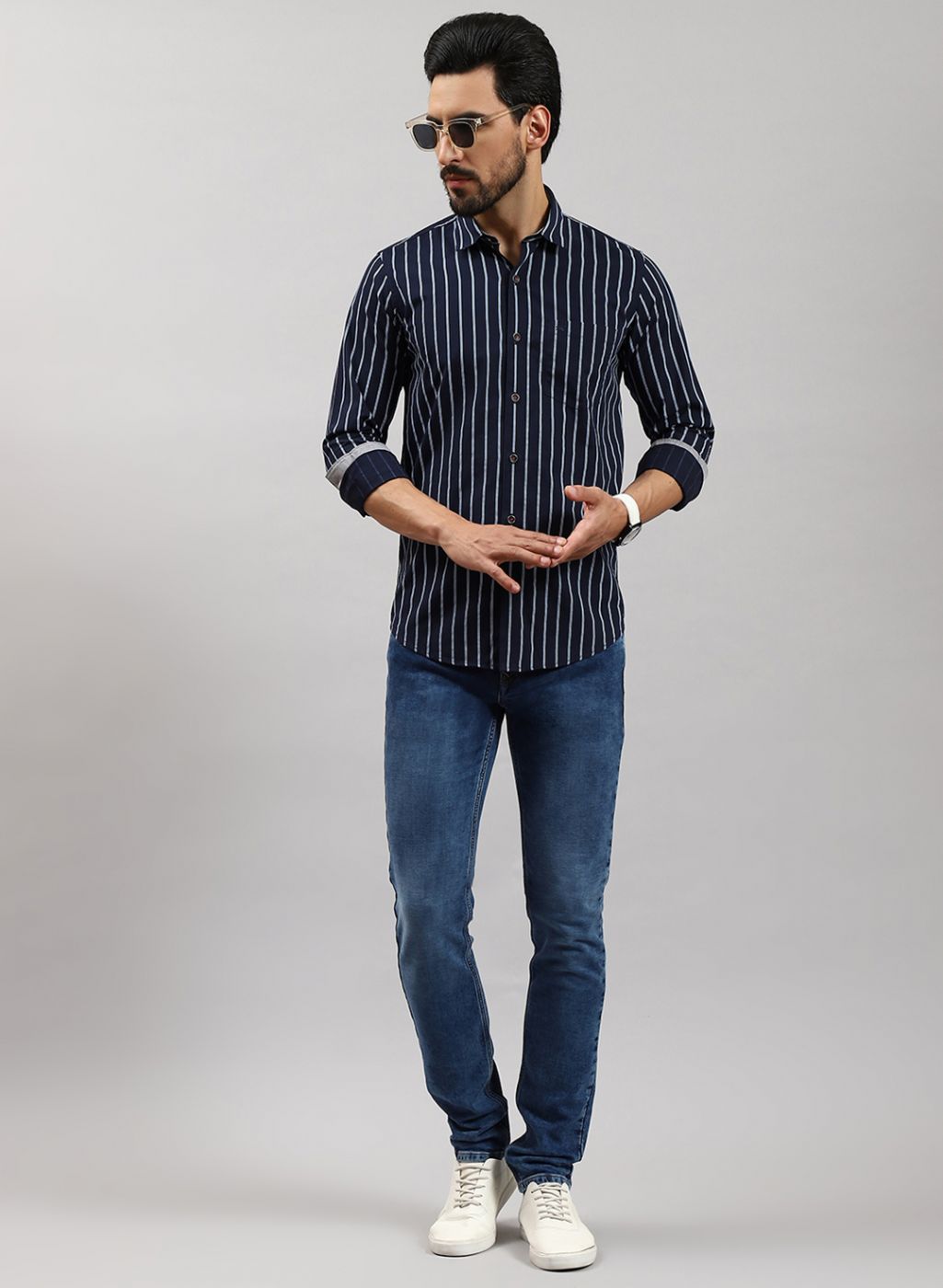 Men NAvy Blue Stripe Pure Cotton Shirt