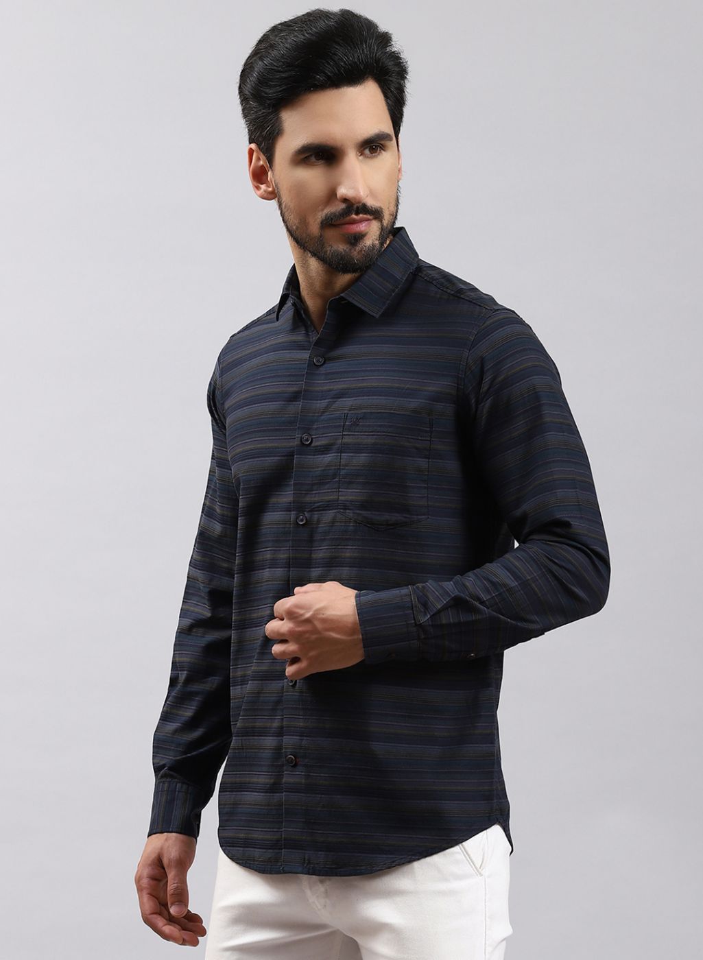 Men Green Stripe Pure Cotton Shirt