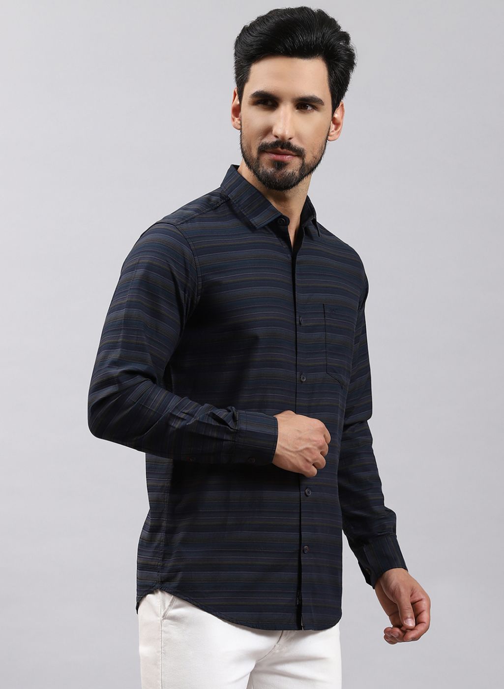 Men Green Stripe Pure Cotton Shirt