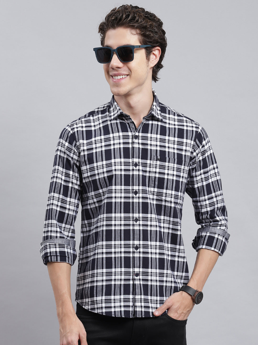 Men Navy Blue Check Shirt