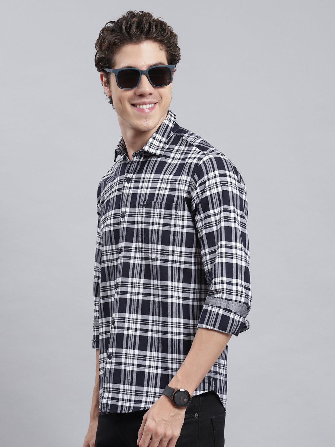 Men Navy Blue Check Shirt