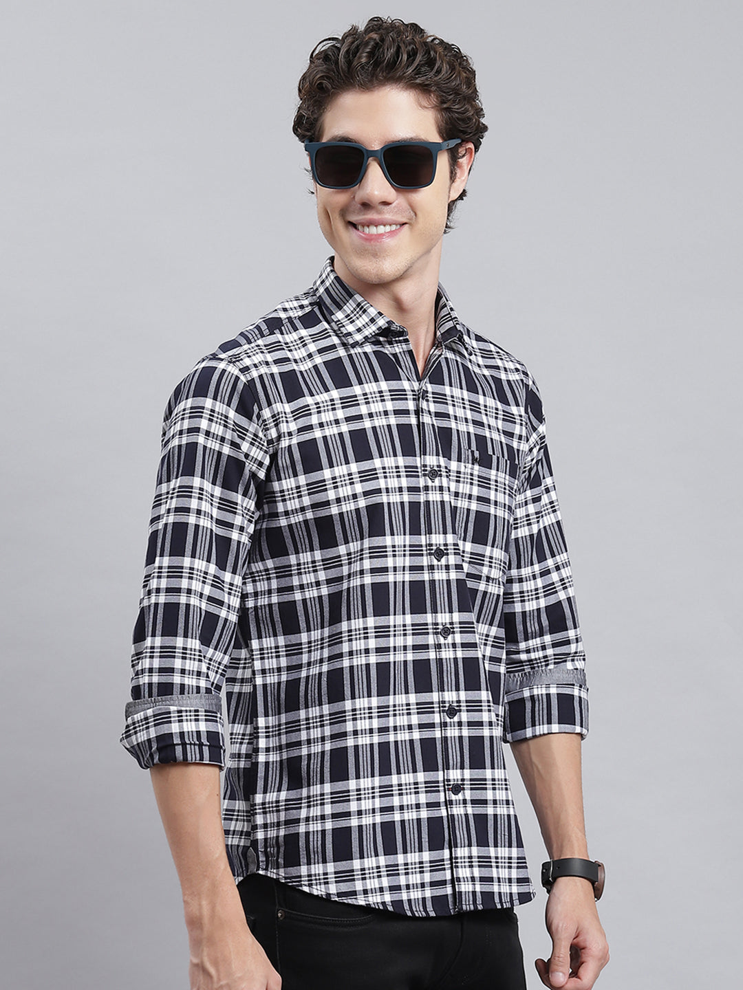 Men Navy Blue Check Shirt