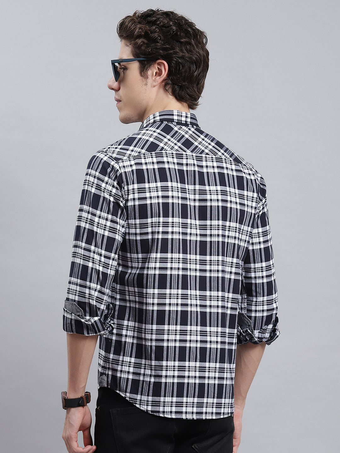 Men Navy Blue Check Shirt