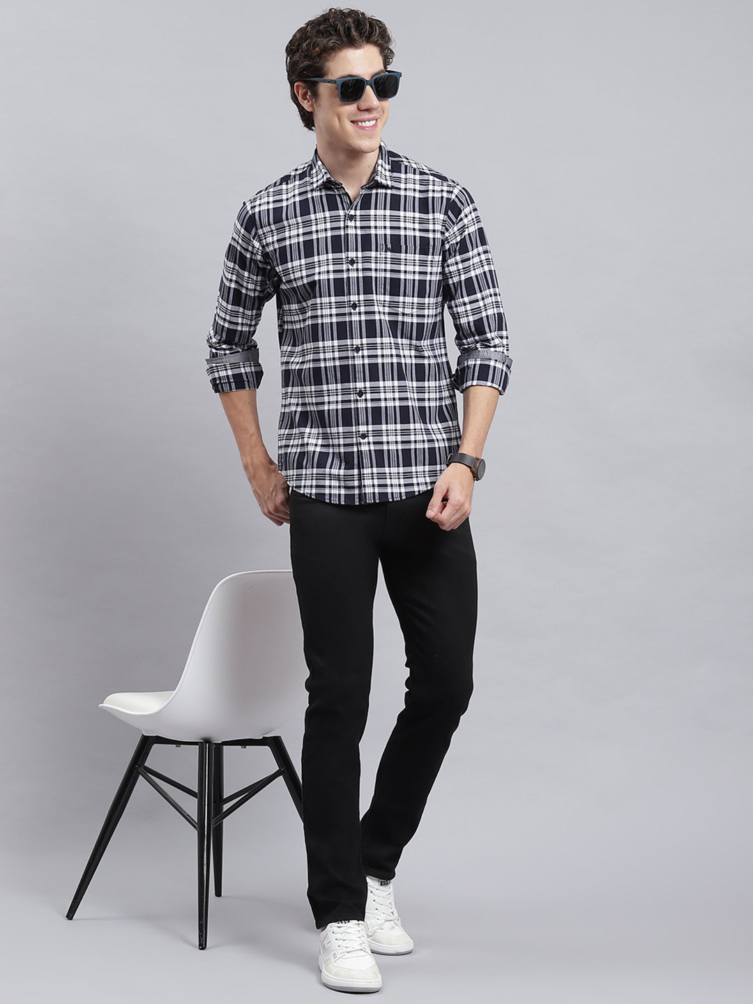 Men Navy Blue Check Shirt