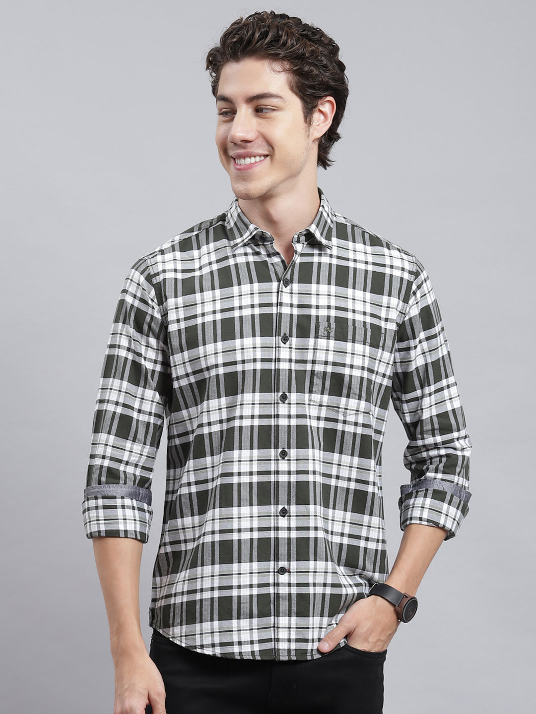 Men Olive Check Shirt