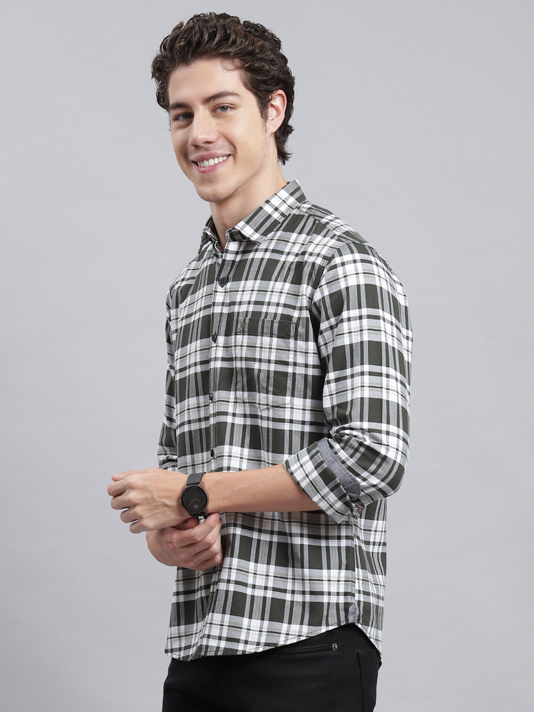 Men Olive Check Shirt