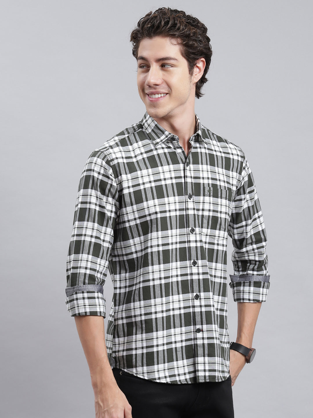 Men Olive Check Shirt